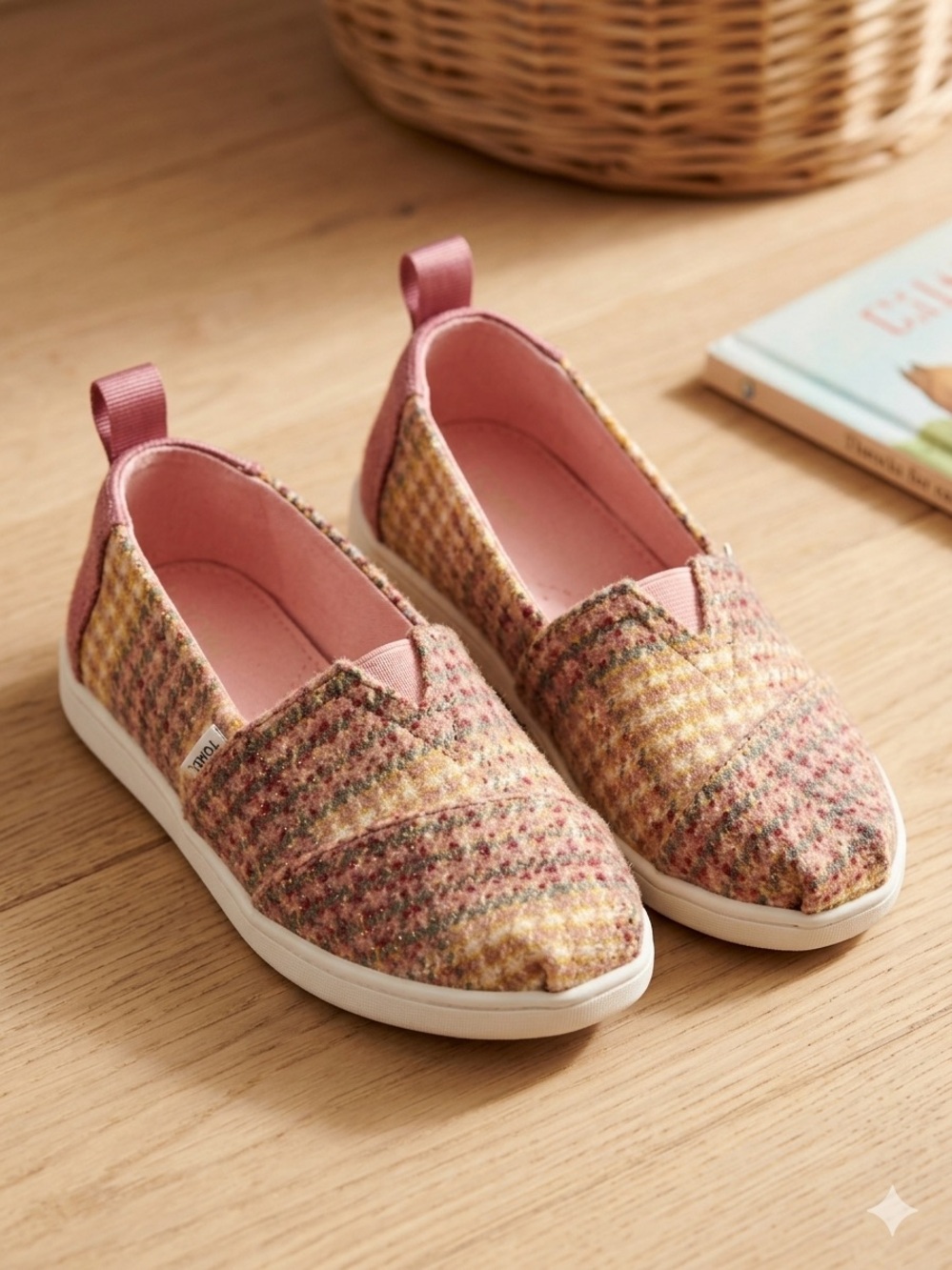 Kids Slip-On Toms Sneakers in Pink Plaid